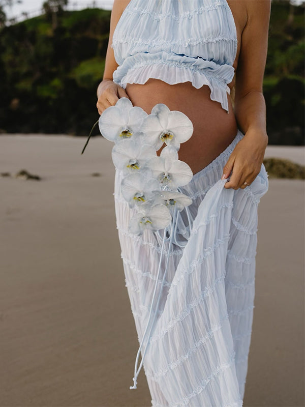 Vestido Maxi De Maternidad Con Cuello Halter Y Volantes Para Vacaciones Y Playa