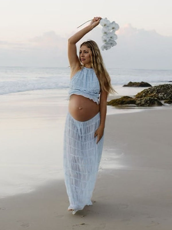Vestido Maxi De Maternidad Con Cuello Halter Y Volantes Para Vacaciones Y Playa