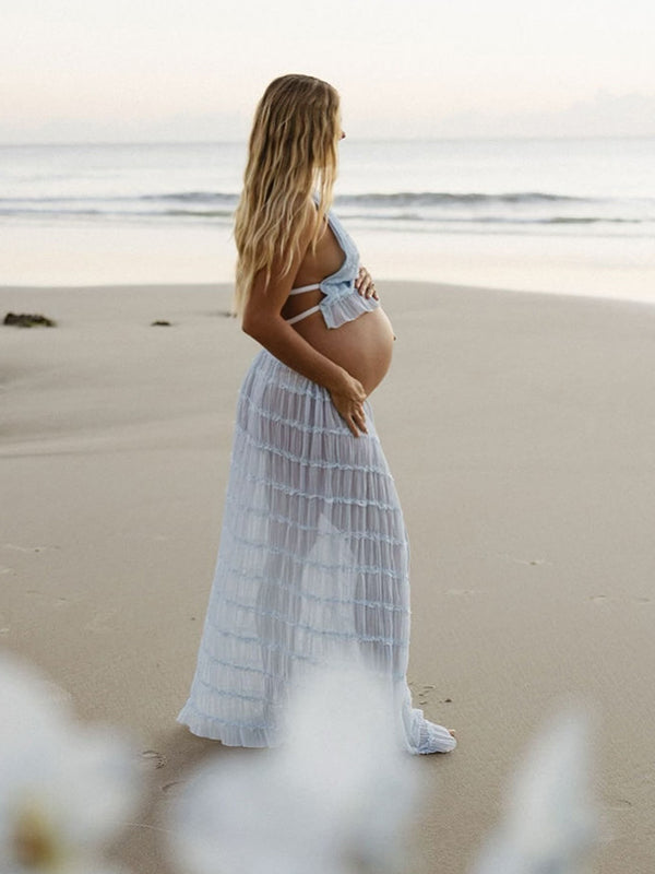 Vestido Maxi De Maternidad Con Cuello Halter Y Volantes Para Vacaciones Y Playa
