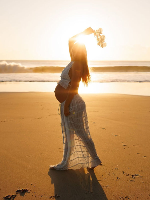 Vestido Maxi De Maternidad Con Cuello Halter Y Volantes Para Vacaciones Y Playa