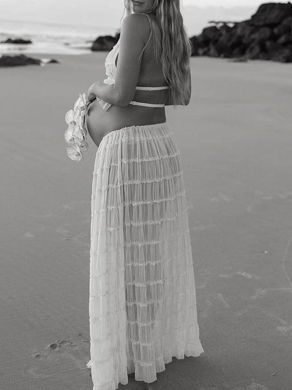 Vestido Maxi De Maternidad Con Cuello Halter Y Volantes Para Vacaciones Y Playa