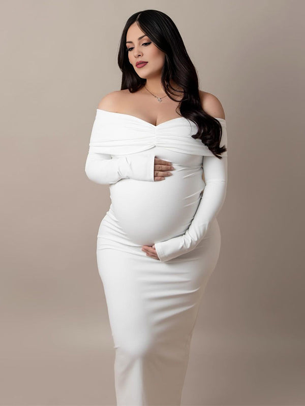 Blanco Acanalado Sin Hombros Sin Espalda Nudo De Lazo Entallado Vestido De Fiesta Elegante Vestido Largo De Foto De Maternidad