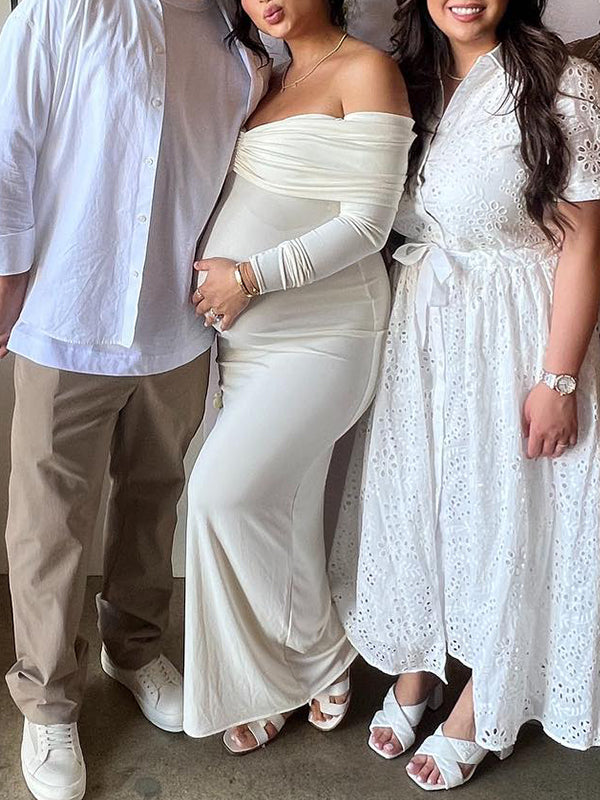 Blanco Acanalado Sin Hombros Sin Espalda Nudo De Lazo Entallado Vestido De Fiesta Elegante Vestido Largo De Foto De Maternidad