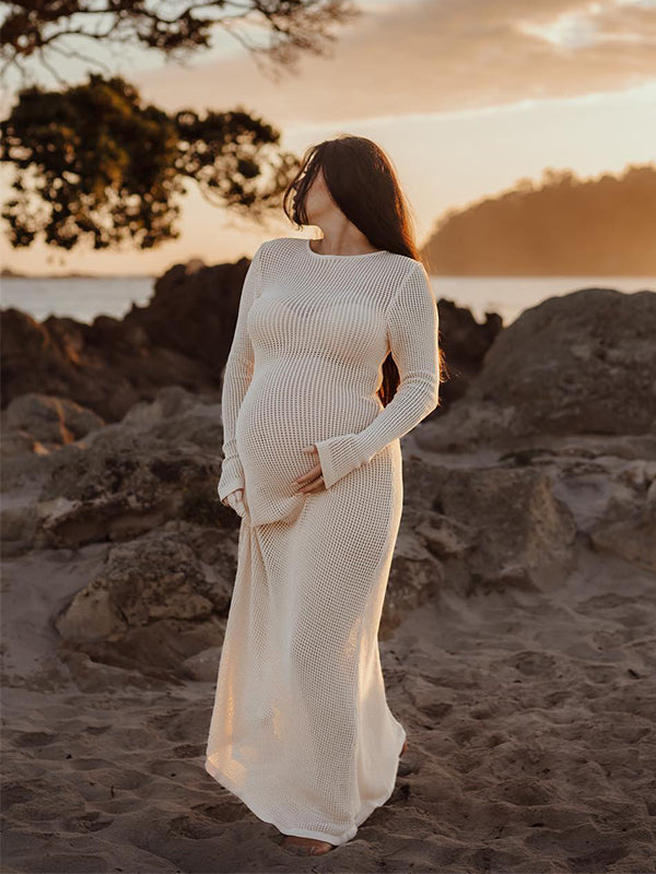 Vestido Maxi Maternidad Con Lazo Espalda Y Manga Acampanada Para Fotos
