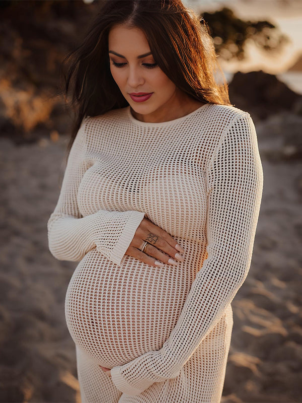 Vestido Maxi Maternidad Con Lazo Espalda Y Manga Acampanada Para Fotos