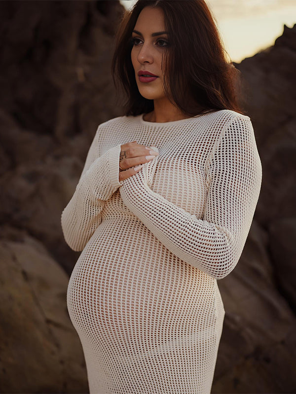 Vestido Maxi Maternidad Con Lazo Espalda Y Manga Acampanada Para Fotos