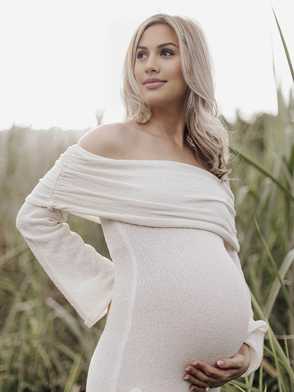 Blanco Sin Hombros Flores 3D Punto Ajustado Sirena Cóctel Vestidos De Fiesta Fotografía Maternidad Vestido Largo