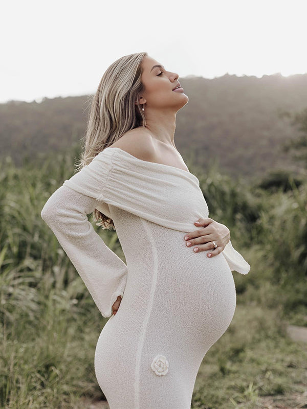 Blanco Sin Hombros Flores 3D Punto Ajustado Sirena Cóctel Vestidos De Fiesta Fotografía Maternidad Vestido Largo