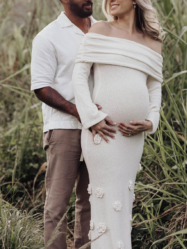 Blanco Sin Hombros Flores 3D Punto Ajustado Sirena Cóctel Vestidos De Fiesta Fotografía Maternidad Vestido Largo