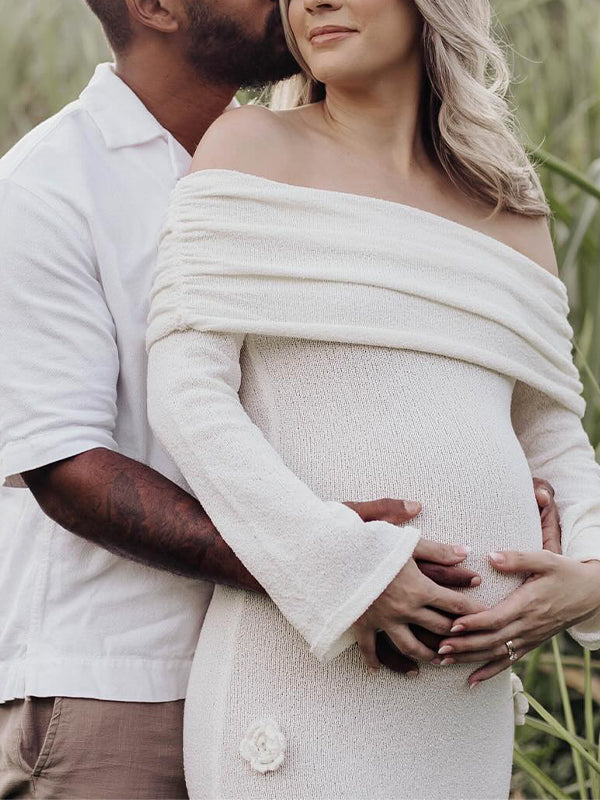 Blanco Sin Hombros Flores 3D Punto Ajustado Sirena Cóctel Vestidos De Fiesta Fotografía Maternidad Vestido Largo