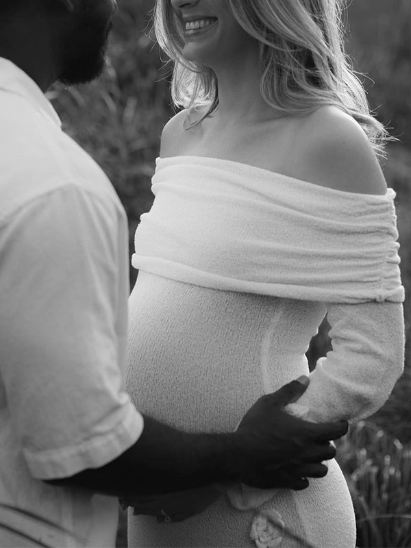 Blanco Sin Hombros Flores 3D Punto Ajustado Sirena Cóctel Vestidos De Fiesta Fotografía Maternidad Vestido Largo