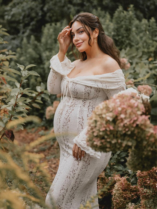 Blanco Sin Hombros Encaje Corbata Sirena Elegante Vestidos Largo De Foto De Maternidad