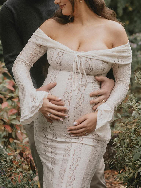 Blanco Sin Hombros Encaje Corbata Sirena Elegante Vestidos Largo De Foto De Maternidad