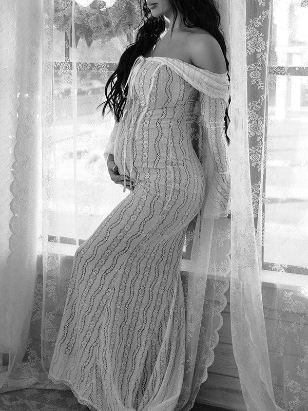 Vestido Largo De Maternidad Tipo Sirena Con Encaje Sin Hombros Para Sesión De Fotos