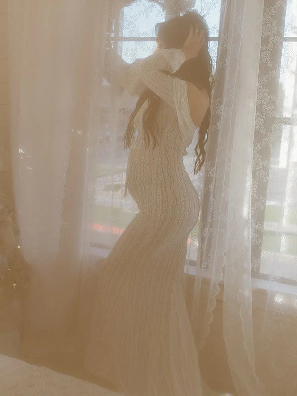 Vestido Largo De Maternidad Tipo Sirena Con Encaje Sin Hombros Para Sesión De Fotos