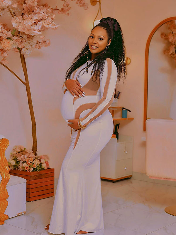 Vestido Maxi de Maternidad Elegante con Corte de Malla para Baby Shower