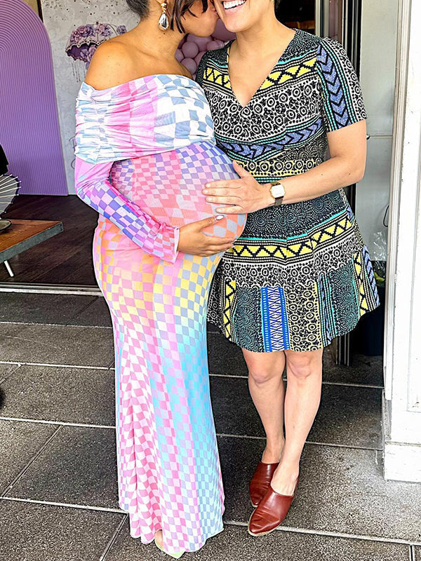 Vestido Premamá Fiesta Con Bloque De Color Y Hombros Descubiertos