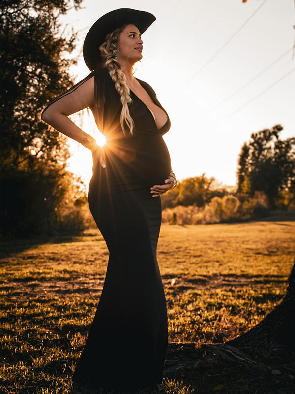 Vestido Maxi Maternidad con Borlas Flecos Cruzado Pecho Cóctel Fiesta Fotos