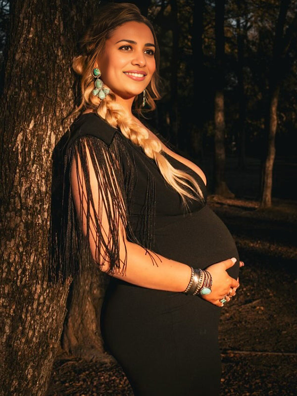 Vestido Maxi Maternidad con Borlas Flecos Cruzado Pecho Cóctel Fiesta Fotos