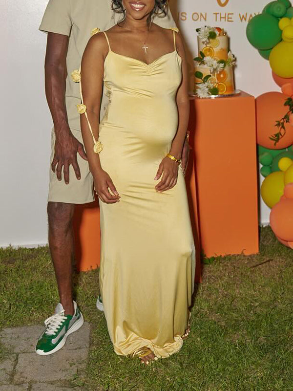 Vestido Maxi De Maternidad Con Escote Corazón Y Flores 3D Para Baby Shower