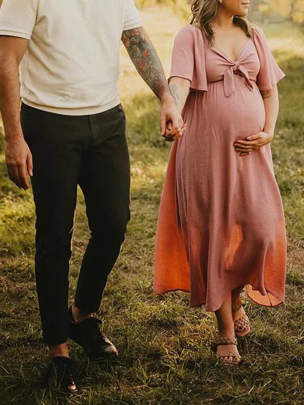 Lazo Manga Acampanad Cuello En V Fluido Vestidos De Foto De Maternidad