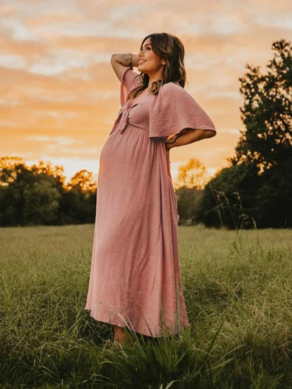 Lazo Manga Acampanad Cuello En V Fluido Vestidos De Foto De Maternidad