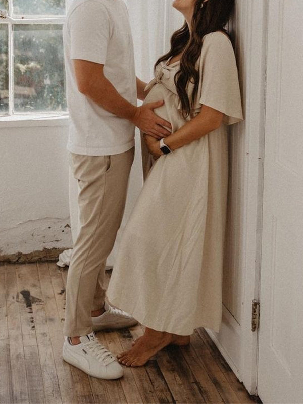 Lazo Manga Acampanad Cuello En V Fluido Vestidos De Foto De Maternidad