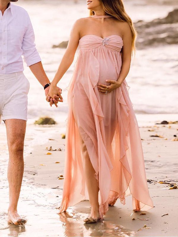 Vestido Largo Revelación De Sexo Para Fotografía Maternidad con Volantes