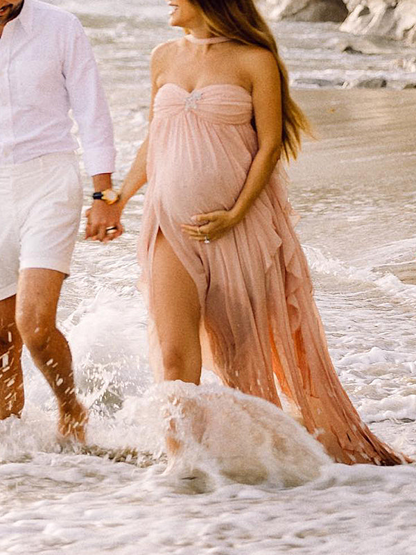 Vestido Largo Revelación De Sexo Para Fotografía Maternidad con Volantes