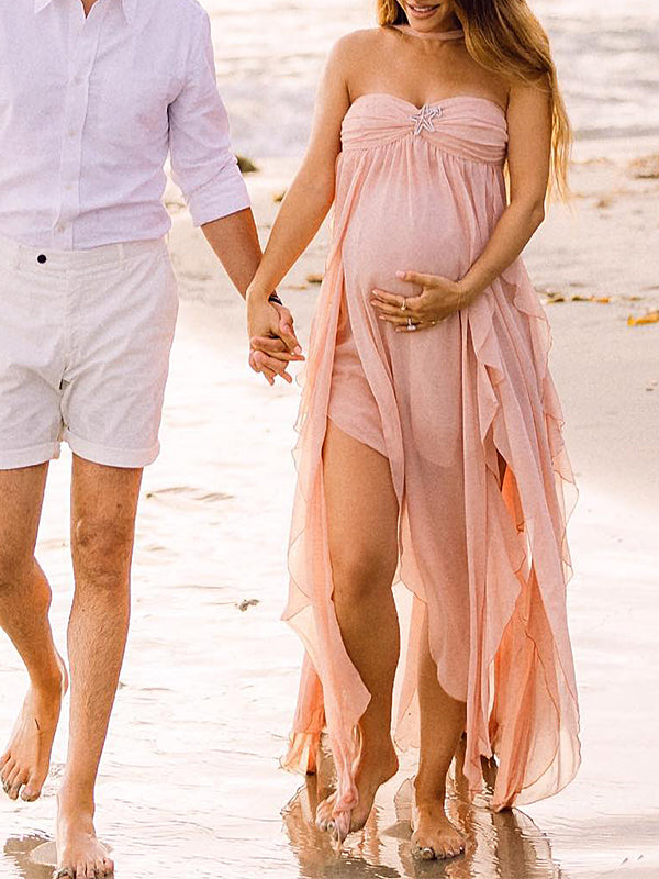 Vestido Largo Revelación De Sexo Para Fotografía Maternidad con Volantes