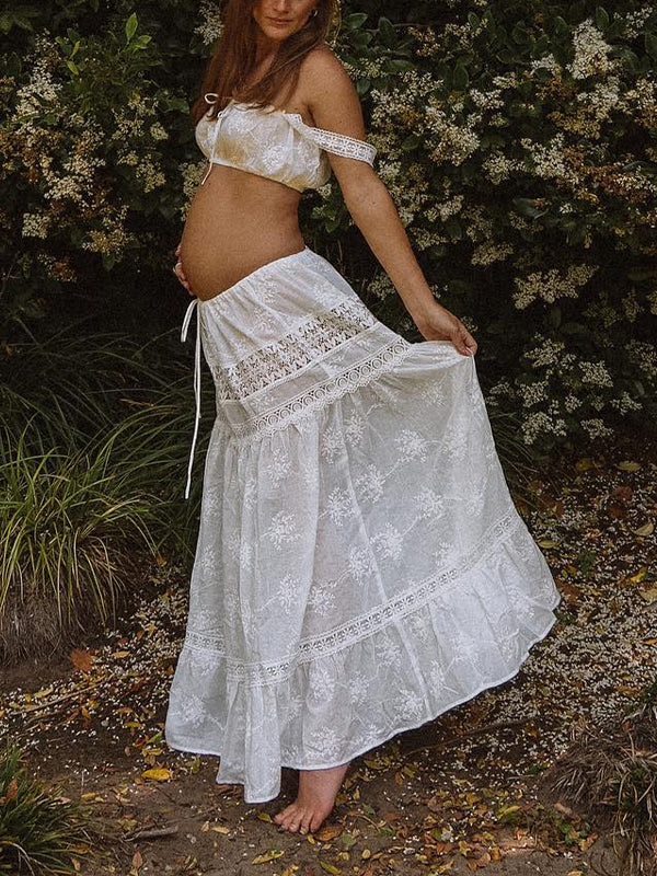 Blanco Conjunto De Dos Piezas Encaje Calado Hombros Descubiertos Lazada Elegante Vestido Largo De Foto De Maternidad