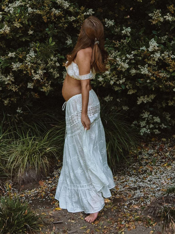 Blanco Conjunto De Dos Piezas Encaje Calado Hombros Descubiertos Lazada Elegante Vestido Largo De Foto De Maternidad