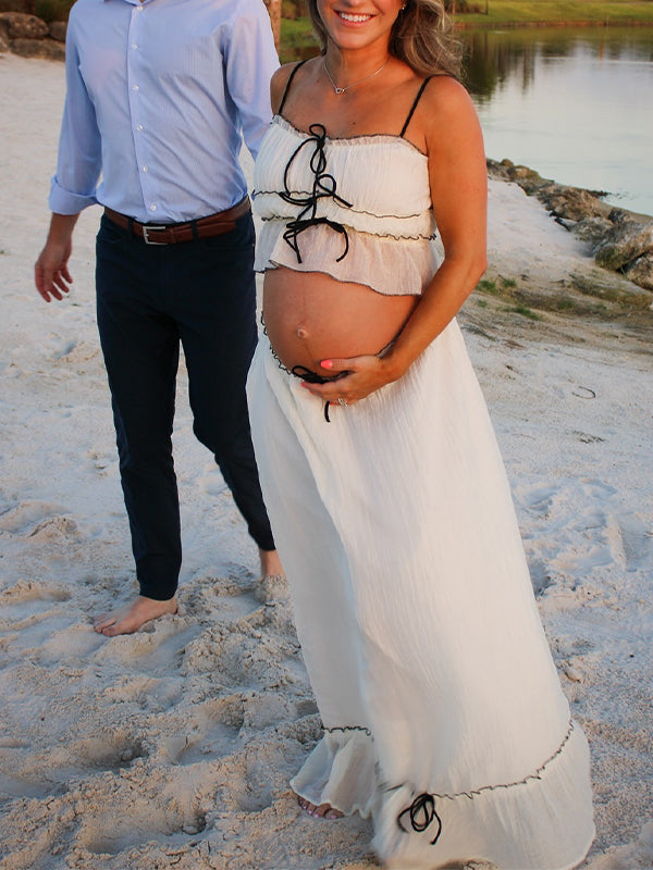 Vestido Largo 2 en 1 con Volantes y Cinta para Sesiones de Fotografía de Maternidad