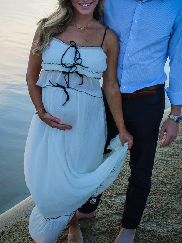 Vestido Largo 2 en 1 con Volantes y Cinta para Sesiones de Fotografía de Maternidad