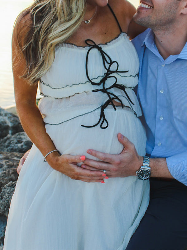 Vestido Largo 2 en 1 con Volantes y Cinta para Sesiones de Fotografía de Maternidad