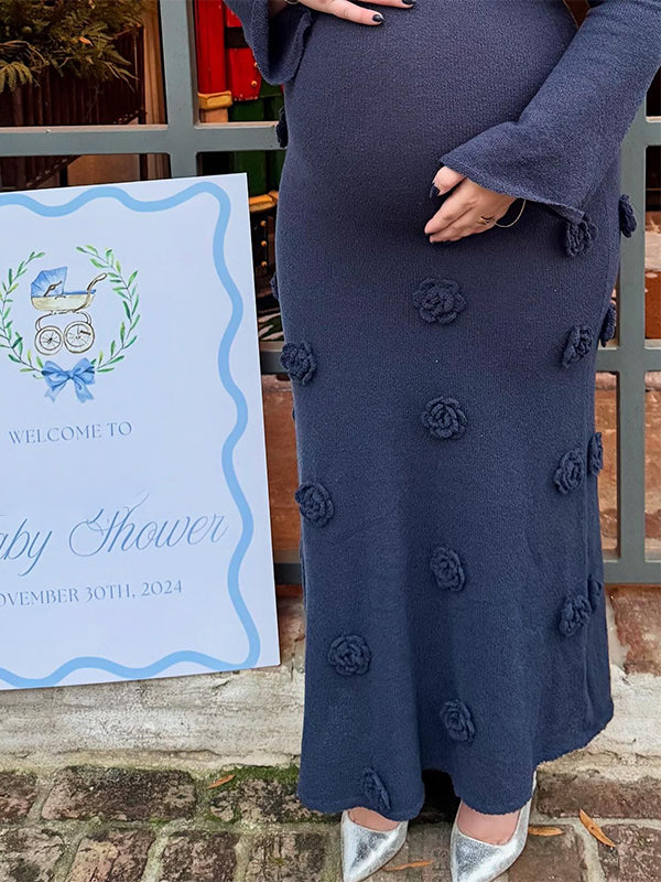 Vestido Largo De Maternidad Con Hombros Descubiertos Y Flores 3D Para Sesión De Fotos y Baby Shower