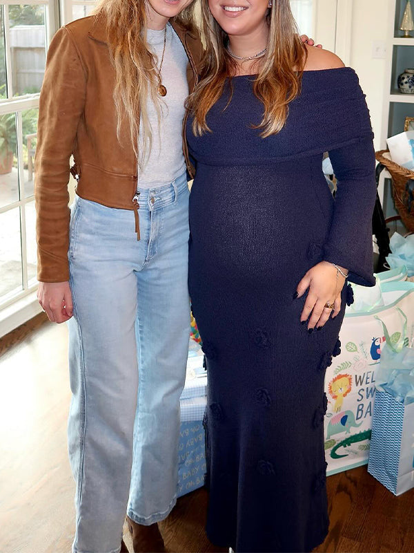 Vestido Largo De Maternidad Con Hombros Descubiertos Y Flores 3D Para Sesión De Fotos y Baby Shower