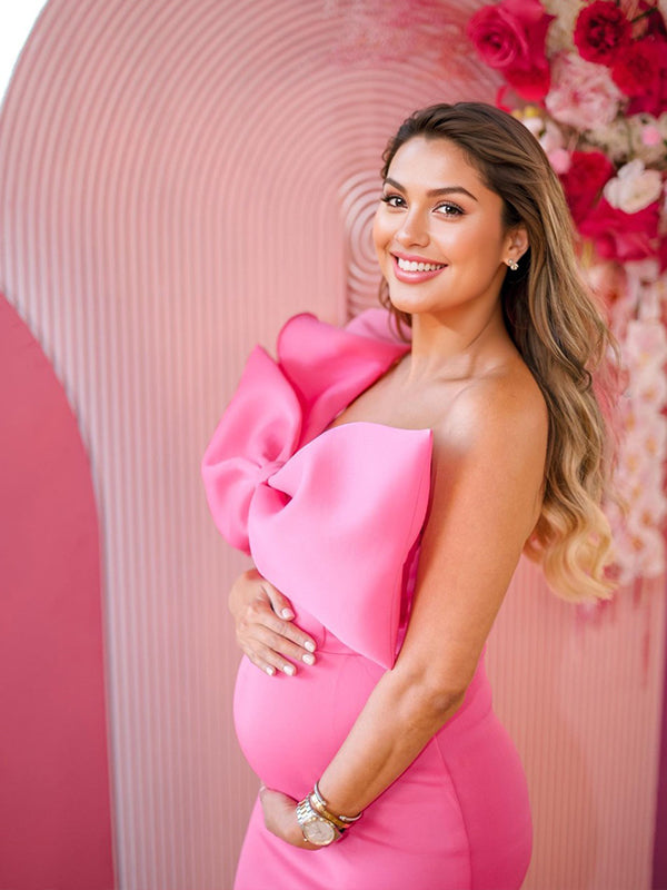 Rosa Roja Volantes Con Lazo Un Hombro Ajustado Tallas Grandes Elegante Vestidos Para Baby Shower