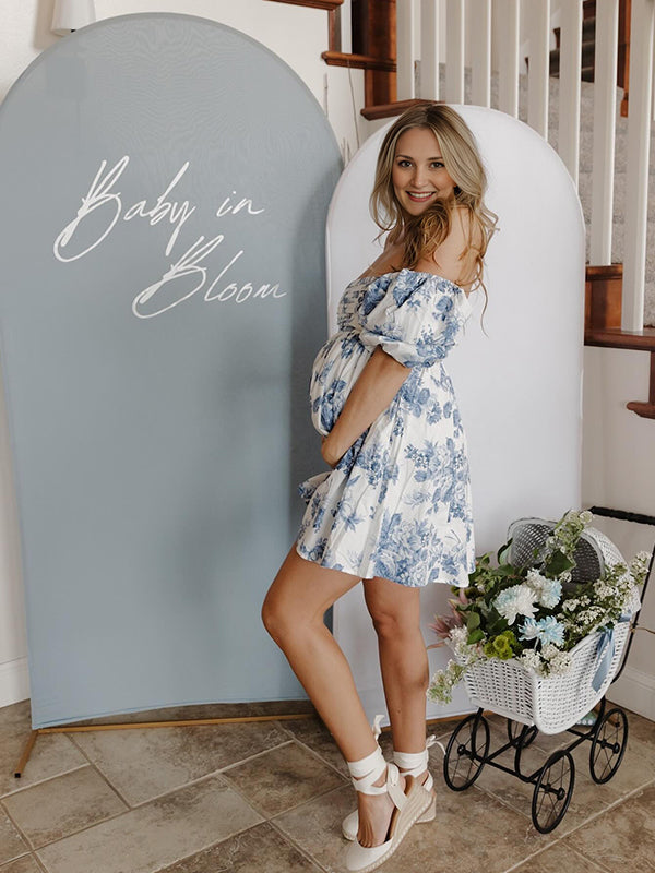 Azul Floral Acanalado Sin Hombros Línea A Manga Globo Dulce Para Baby Shower Fotografía Maternidad Vestido Mini