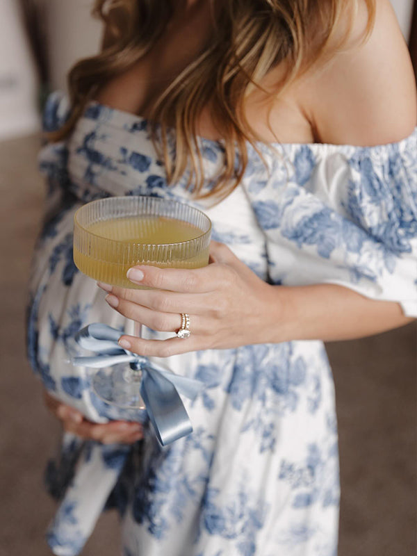 Azul Floral Acanalado Sin Hombros Línea A Manga Globo Dulce Para Baby Shower Fotografía Maternidad Vestido Mini