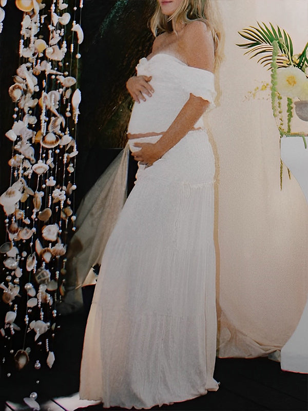 Blanco Marfil Dos Piezas Desactivar Hombro Falbala De Volantes Bodycon Elegante Maternidad Boho Sesión De Fotos Baby Shower Maxi Vestido