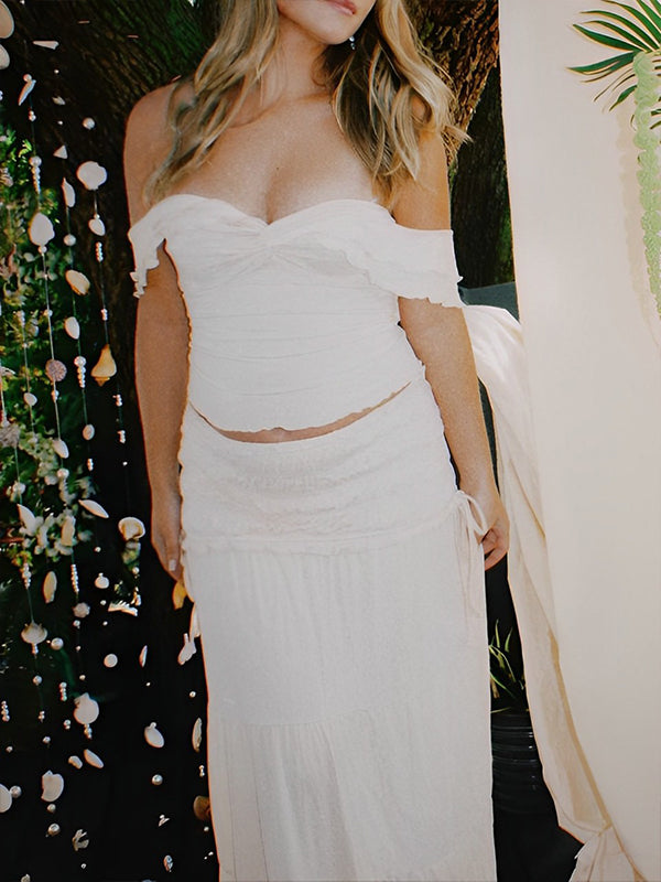 Blanco Marfil Dos Piezas Desactivar Hombro Falbala De Volantes Bodycon Elegante Maternidad Boho Sesión De Fotos Baby Shower Maxi Vestido