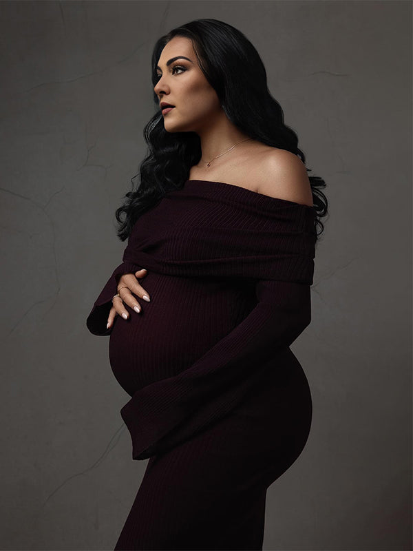 Vestido Maxi de Maternidad Elegante con Manga Acampanada para Sesiones de Fotos