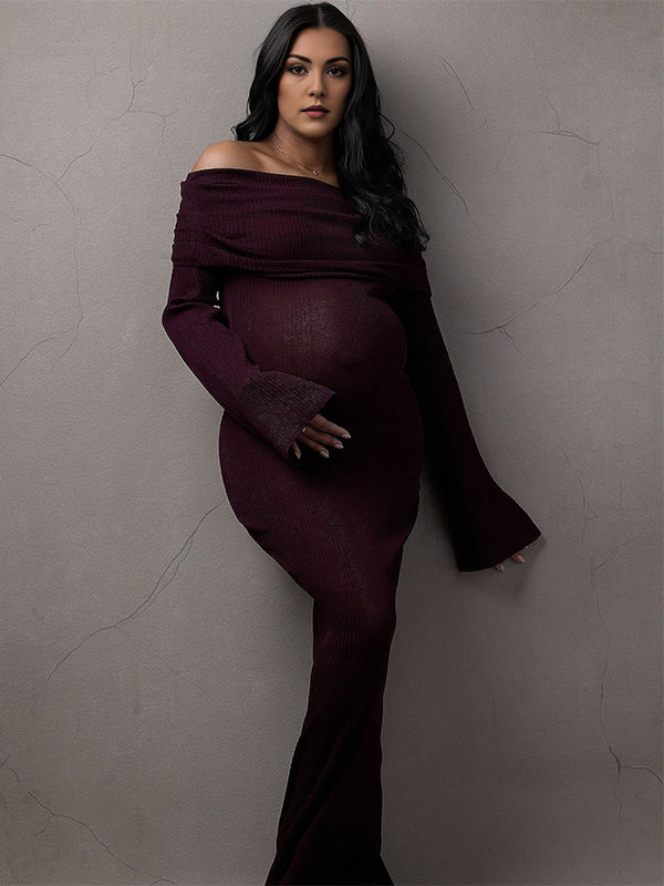 Vestido Maxi de Maternidad Elegante con Manga Acampanada para Sesiones de Fotos
