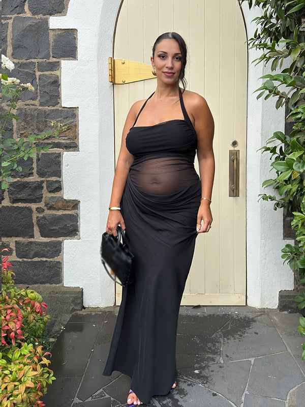 Vestido Largo De Maternidad Con Cuello Halter Y Espalda Descubierta Para Baby Shower