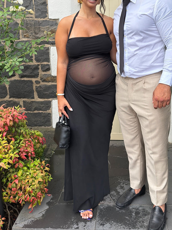 Vestido Largo De Maternidad Con Cuello Halter Y Espalda Descubierta Para Baby Shower