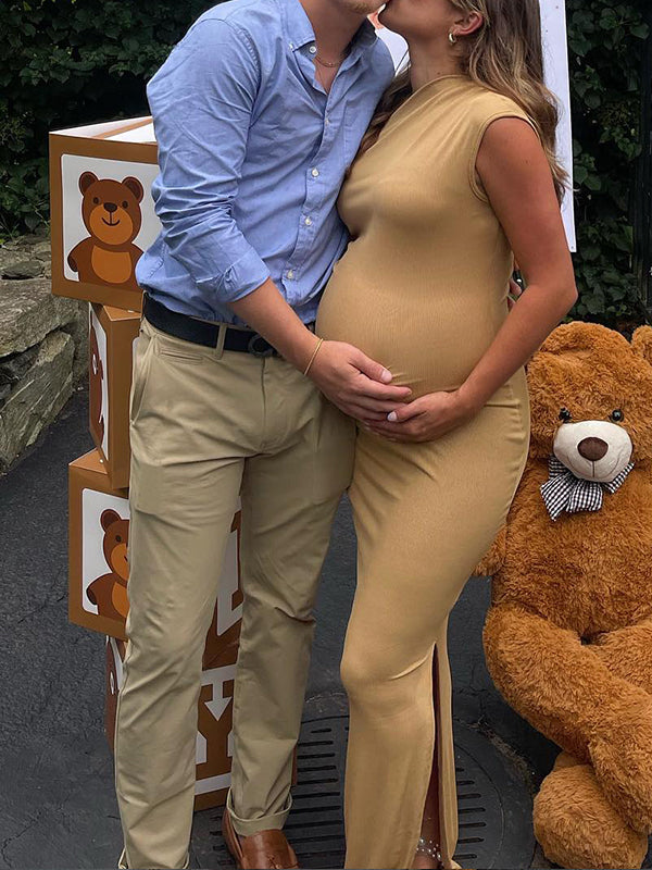 Vestido Maxi Maternidad de Un Hombro con Aberturas y Fruncido para Baby Shower
