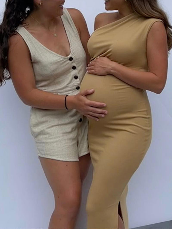 Vestido Maxi Maternidad de Un Hombro con Aberturas y Fruncido para Baby Shower