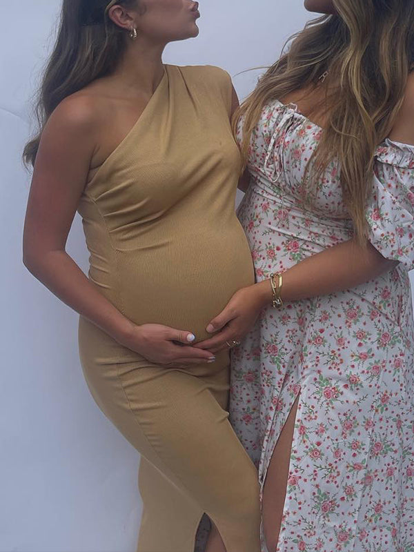 Vestido Maxi Maternidad de Un Hombro con Aberturas y Fruncido para Baby Shower