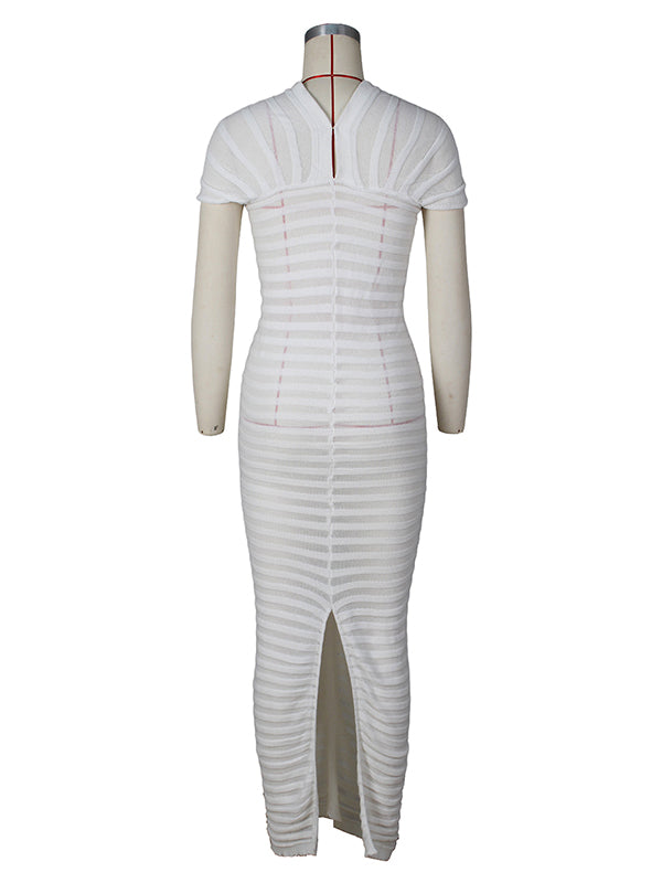 Vestido Maxi de Maternidad de Punto a Rayas con Abertura para Baby Shower